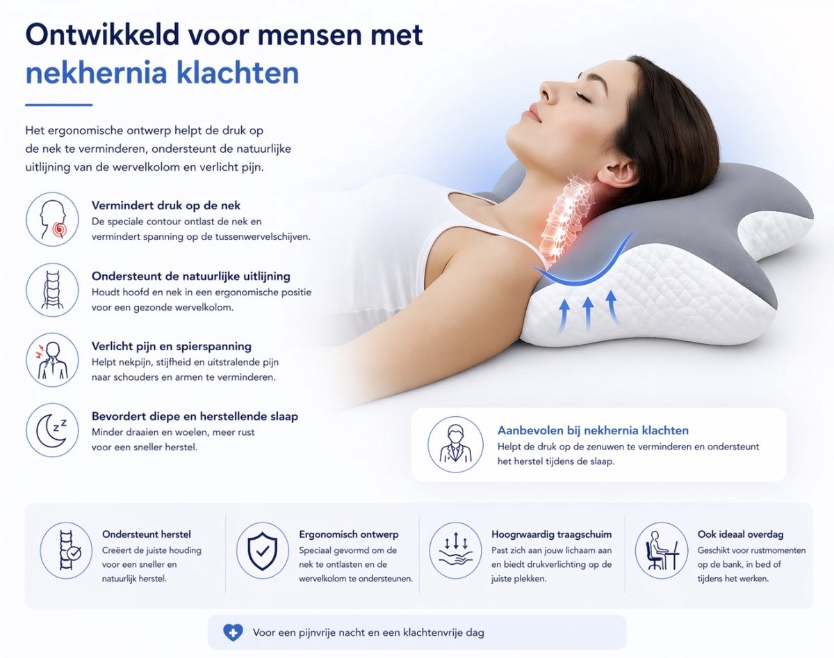 Popalino® Hoofdkussen Memory Foam voor Nekklachten – Orthopedisch & Ergonomisch kussen - Geschikt voor rug-, zij- en buikslapers - Traagschuim - Grijs/wit