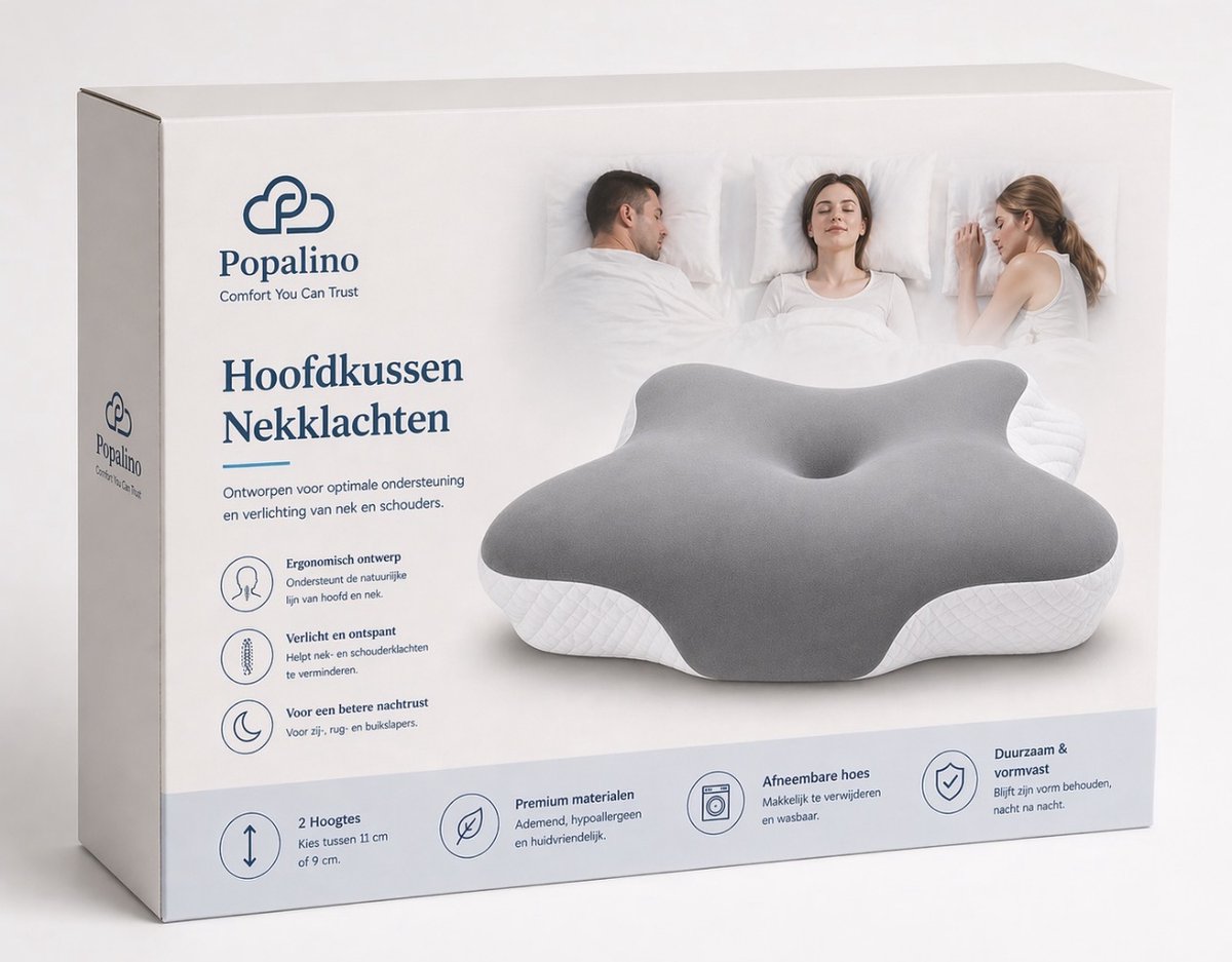 Popalino® Hoofdkussen Memory Foam voor Nekklachten – Orthopedisch & Ergonomisch kussen - Geschikt voor rug-, zij- en buikslapers - Traagschuim - Grijs/wit