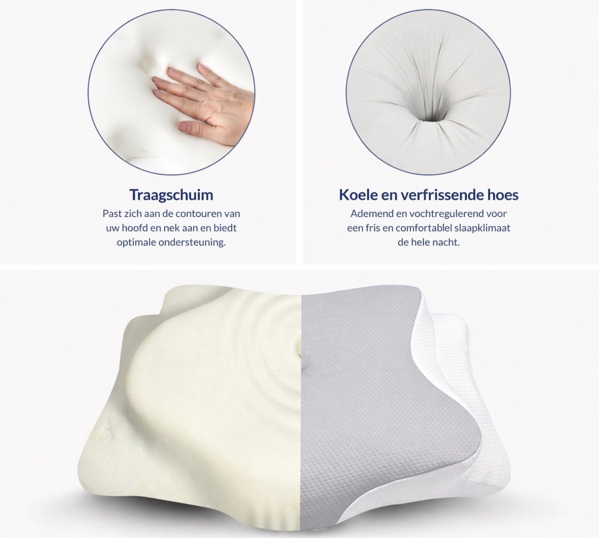 Popalino® Hoofdkussen Memory Foam voor Nekklachten – Orthopedisch & Ergonomisch kussen - Geschikt voor rug-, zij- en buikslapers - Traagschuim - Grijs/wit