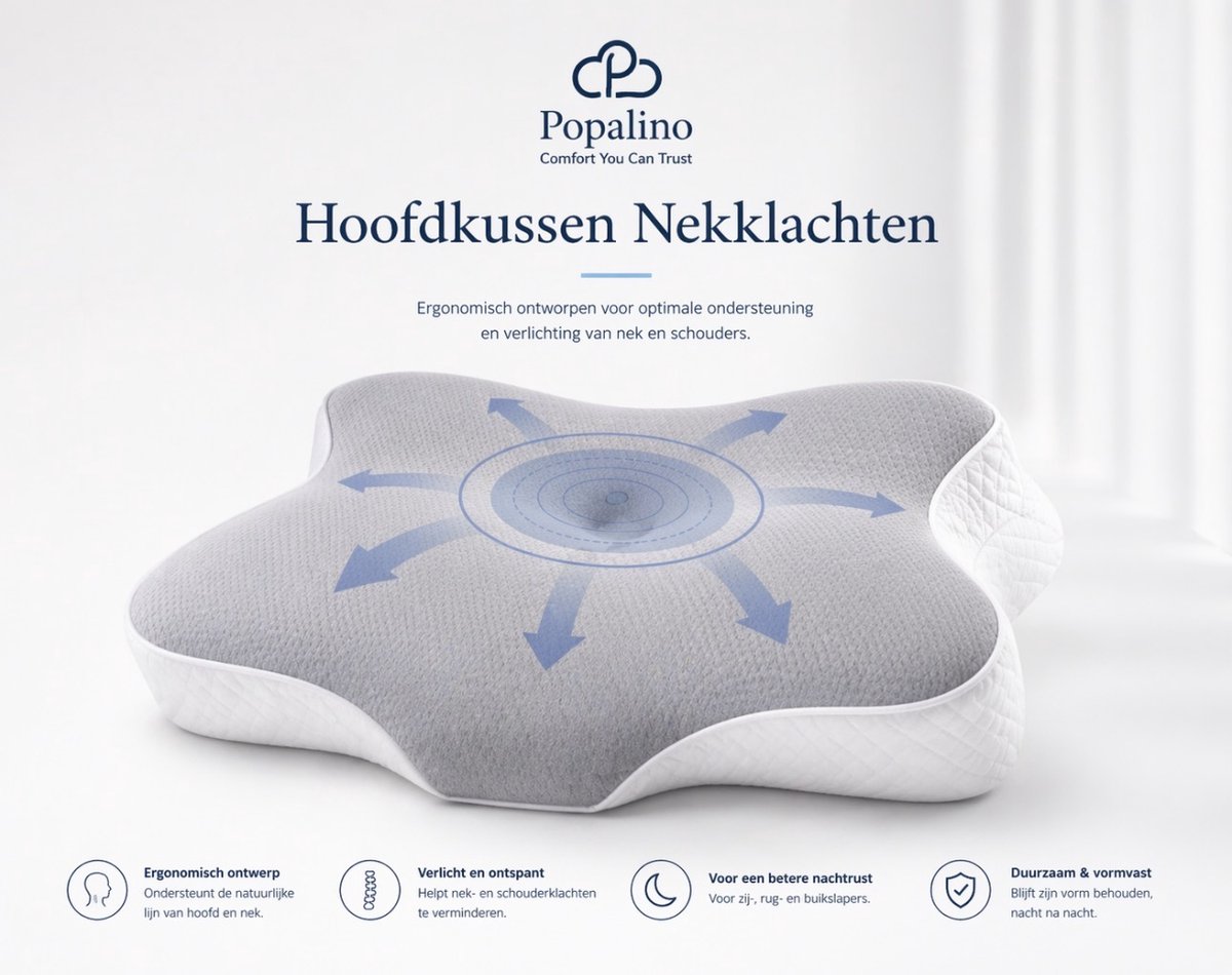 Popalino® Hoofdkussen Memory Foam voor Nekklachten – Orthopedisch & Ergonomisch kussen - Geschikt voor rug-, zij- en buikslapers - Traagschuim - Grijs/wit