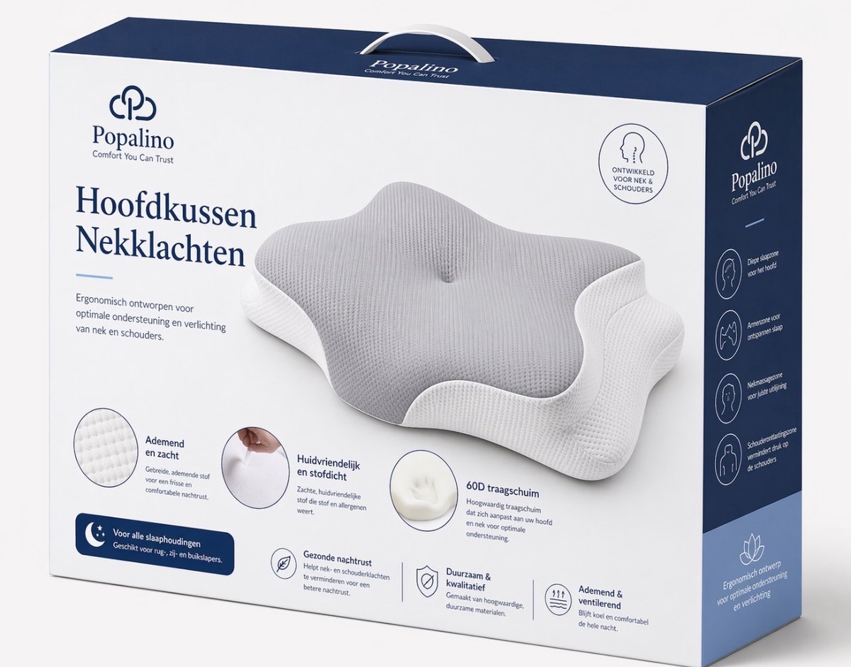 Popalino® Hoofdkussen Memory Foam voor Nekklachten – Orthopedisch & Ergonomisch kussen - Geschikt voor rug-, zij- en buikslapers - Traagschuim - Grijs/wit