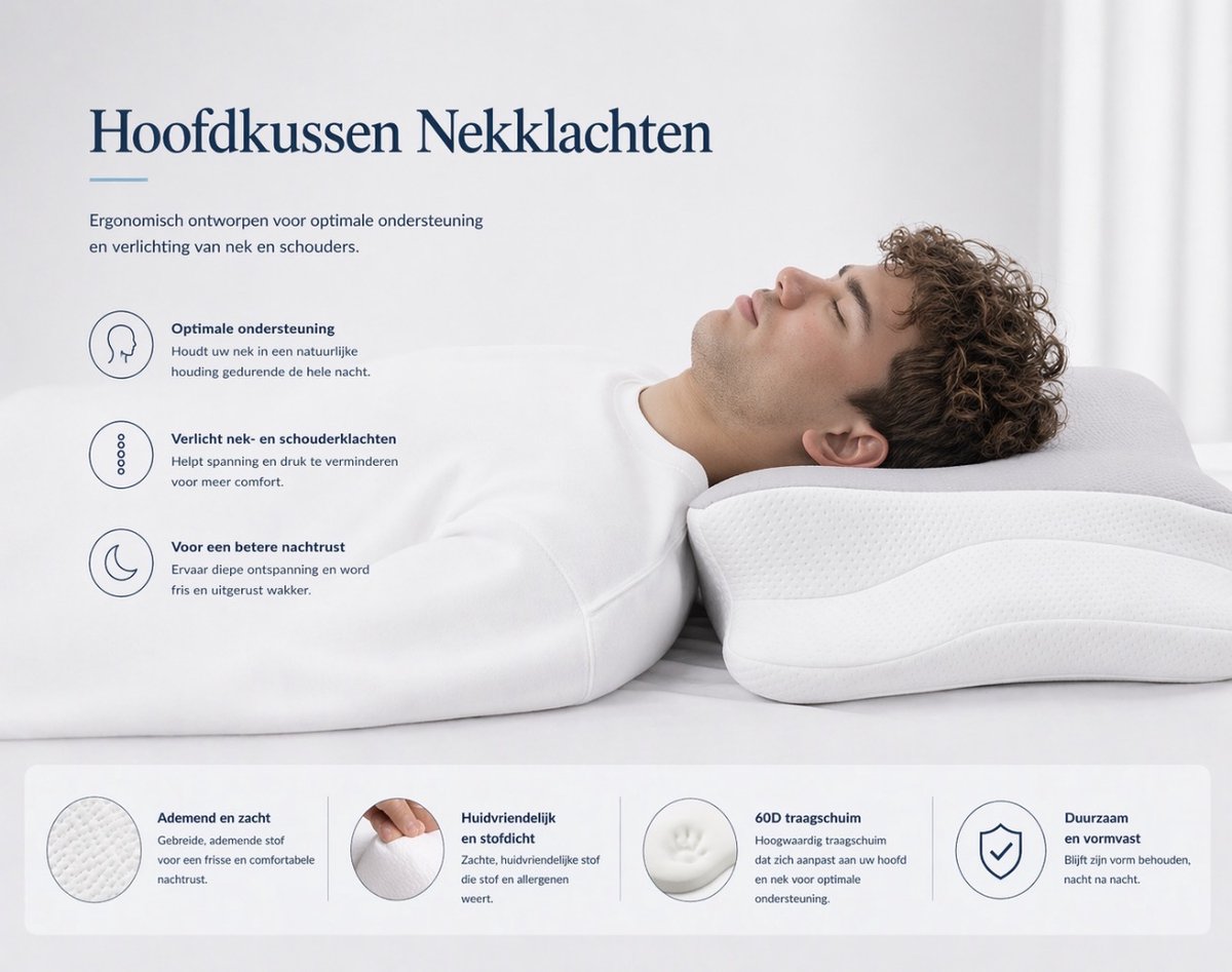 Popalino® Hoofdkussen Memory Foam voor Nekklachten – Orthopedisch & Ergonomisch kussen - Geschikt voor rug-, zij- en buikslapers - Traagschuim - Grijs/wit