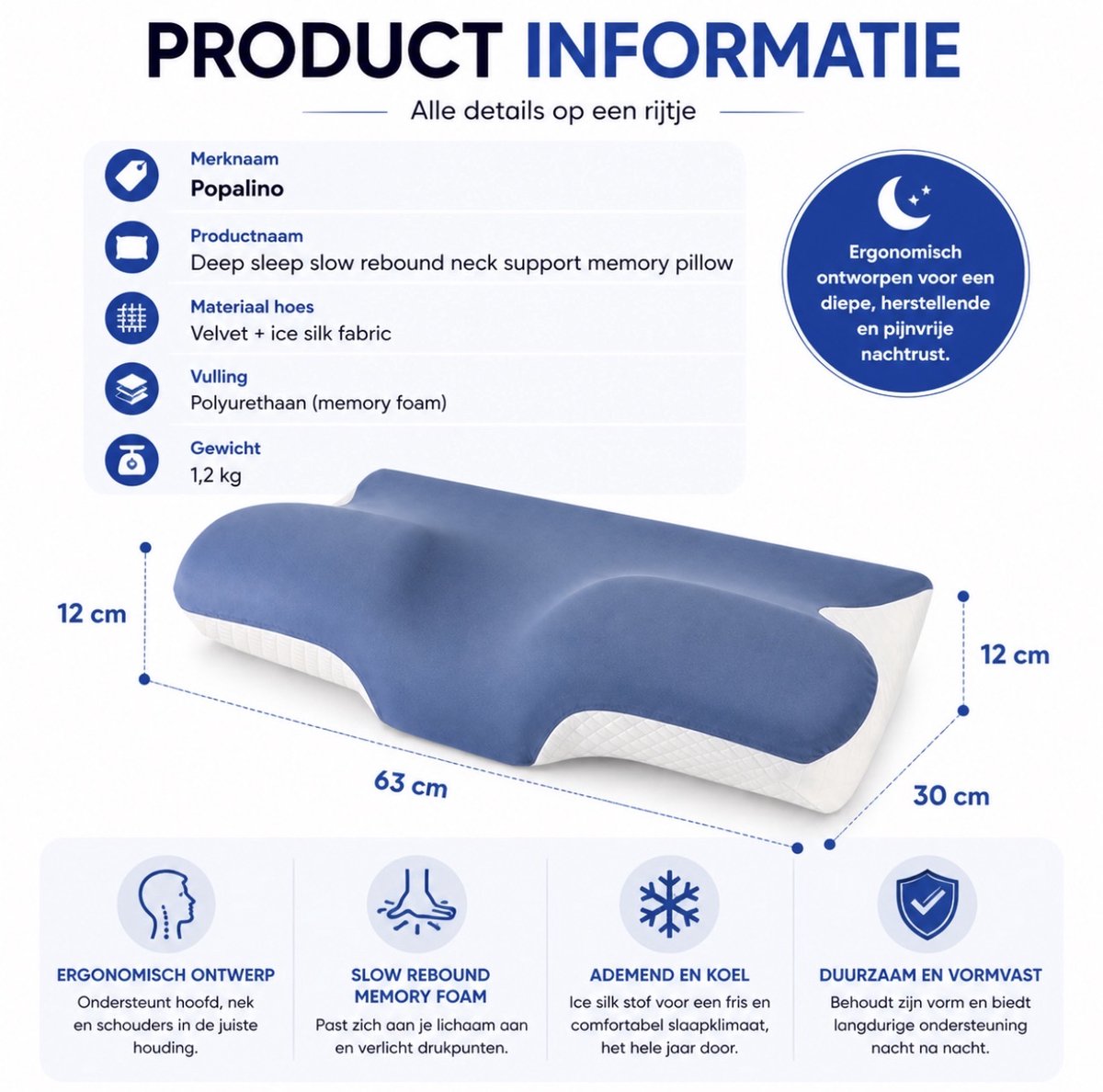 Popalino® Hoofdkussen Nekklachten met Neksteun - Alle Slapers - 4 Zones - Nekkussen - Anti Snurk Kussen - Vlinderkussen - Orthopedisch & Ergonomisch - Traagschuim - 65x35 cm