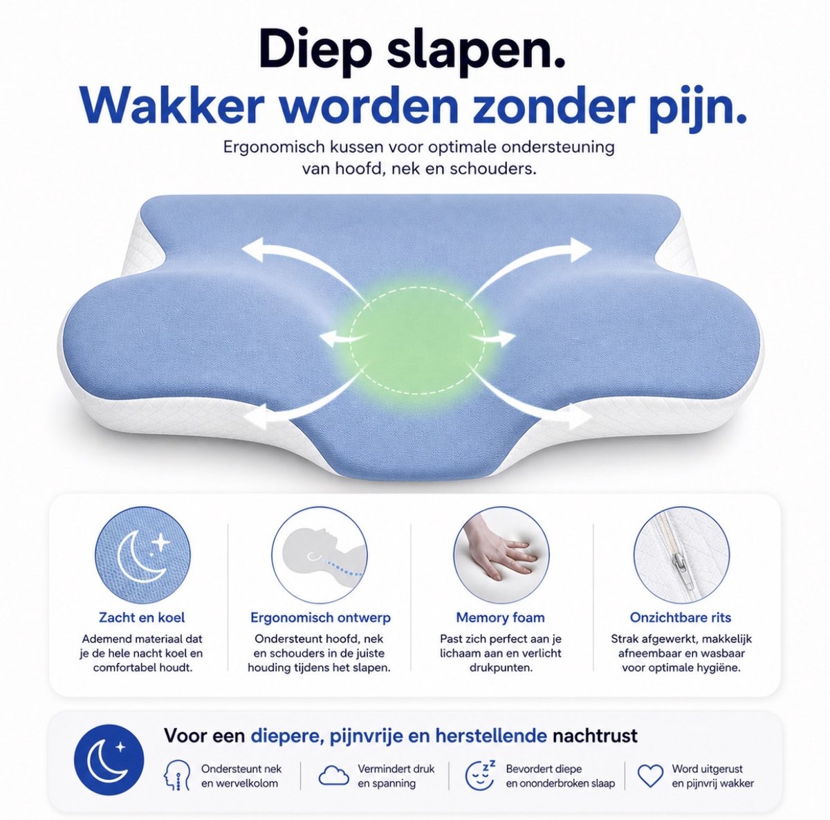 Popalino® Hoofdkussen Nekklachten met Neksteun - Alle Slapers - 4 Zones - Nekkussen - Anti Snurk Kussen - Vlinderkussen - Orthopedisch & Ergonomisch - Traagschuim - 65x35 cm