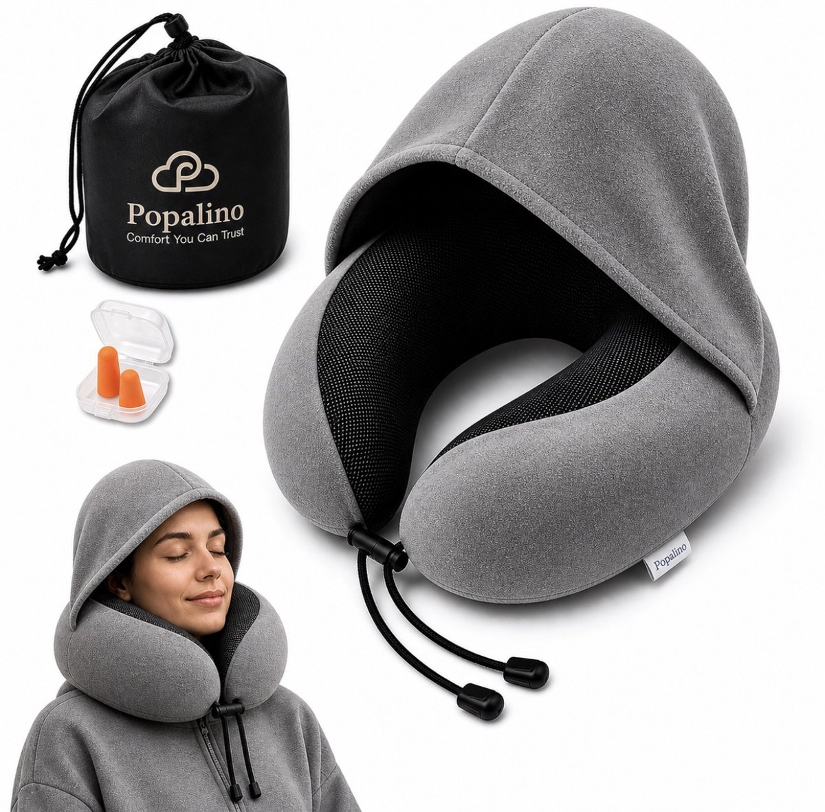 Popalino® Nekkussen met Capuchon - Reiskussen - Voor Vliegtuig - Auto - Bus - Trein - Memory Foam - Travel Pillow - Reis Nek Kussen - Traagschuim - Kampeerkussen - Nekkussens - lichtgrijs