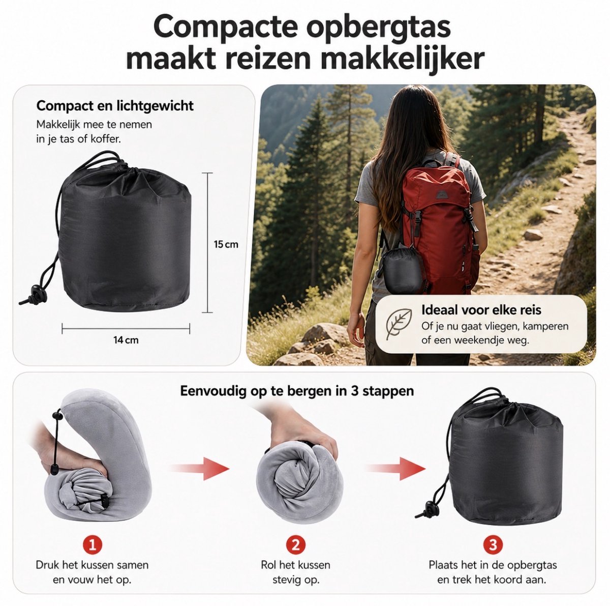 Popalino® Nekkussen met Capuchon - Reiskussen - Voor Vliegtuig - Auto - Bus - Trein - Memory Foam - Travel Pillow - Reis Nek Kussen - Traagschuim - Kampeerkussen - Nekkussens - lichtgrijs