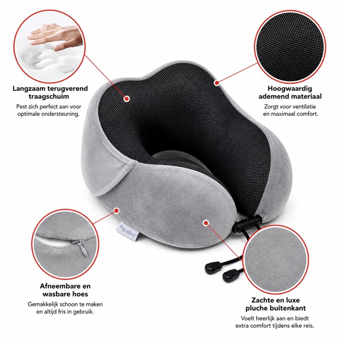 Popalino® Nekkussen met Capuchon - Reiskussen - Voor Vliegtuig - Auto - Bus - Trein - Memory Foam - Travel Pillow - Reis Nek Kussen - Traagschuim - Kampeerkussen - Nekkussens - lichtgrijs