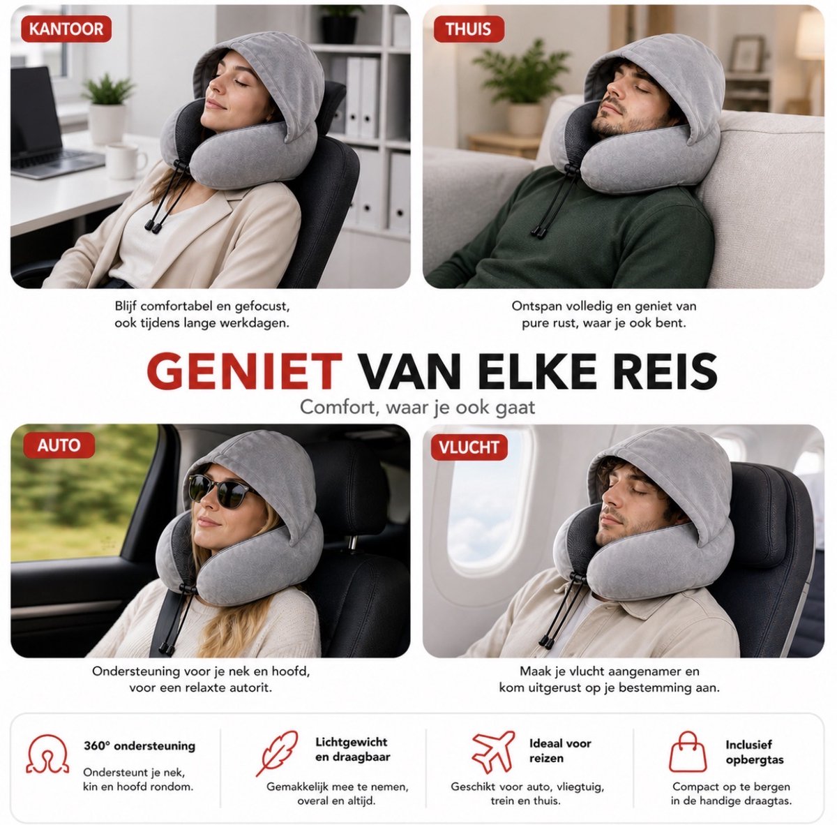 Popalino® Nekkussen met Capuchon - Reiskussen - Voor Vliegtuig - Auto - Bus - Trein - Memory Foam - Travel Pillow - Reis Nek Kussen - Traagschuim - Kampeerkussen - Nekkussens - lichtgrijs