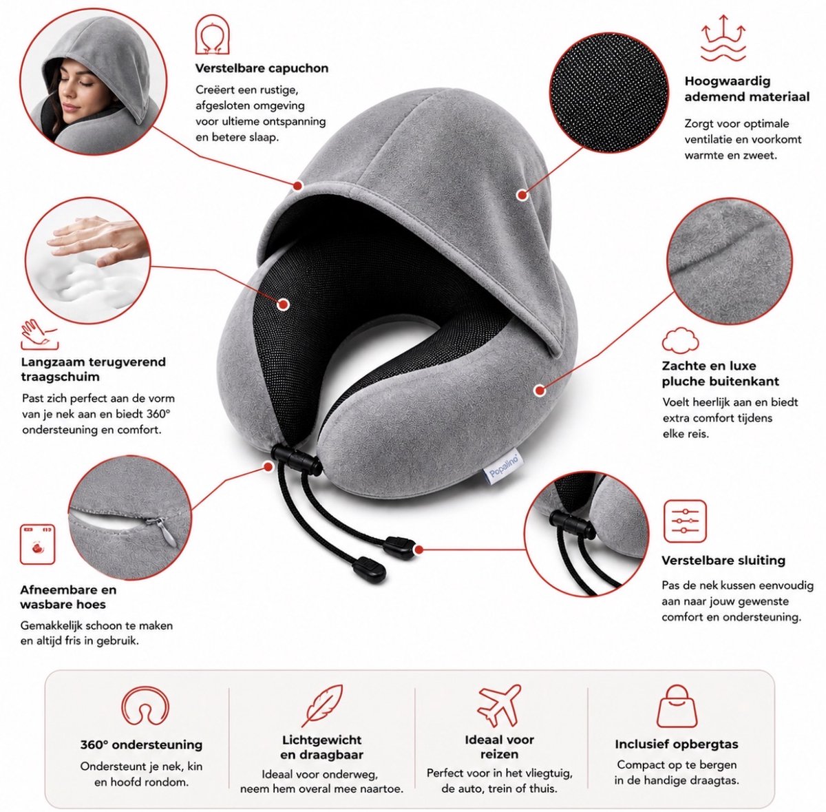 Popalino® Nekkussen met Capuchon - Reiskussen - Voor Vliegtuig - Auto - Bus - Trein - Memory Foam - Travel Pillow - Reis Nek Kussen - Traagschuim - Kampeerkussen - Nekkussens - lichtgrijs