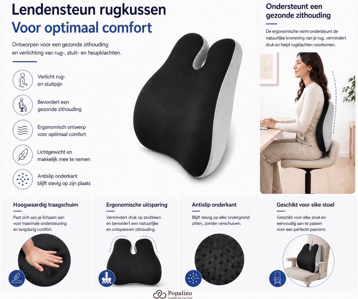 Popalino® Rugsteun - Verstelbaar Rugkussen Onderrug - Lendekussen voor Auto, Bureaustoel, Bed & Bank - Ergonomisch - Met Coolgel - Wasbare Hoes