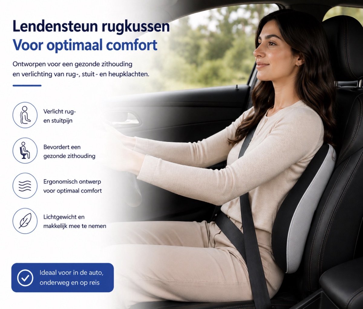 Popalino® Rugsteun - Verstelbaar Rugkussen Onderrug - Lendekussen voor Auto, Bureaustoel, Bed & Bank - Ergonomisch - Met Coolgel - Wasbare Hoes