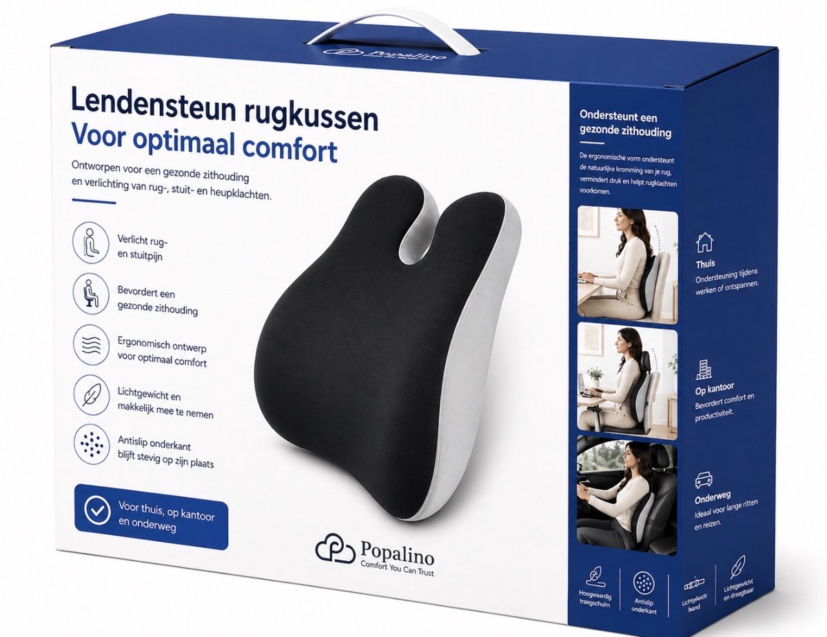 Popalino® Rugsteun - Verstelbaar Rugkussen Onderrug - Lendekussen voor Auto, Bureaustoel, Bed & Bank - Ergonomisch - Met Coolgel - Wasbare Hoes
