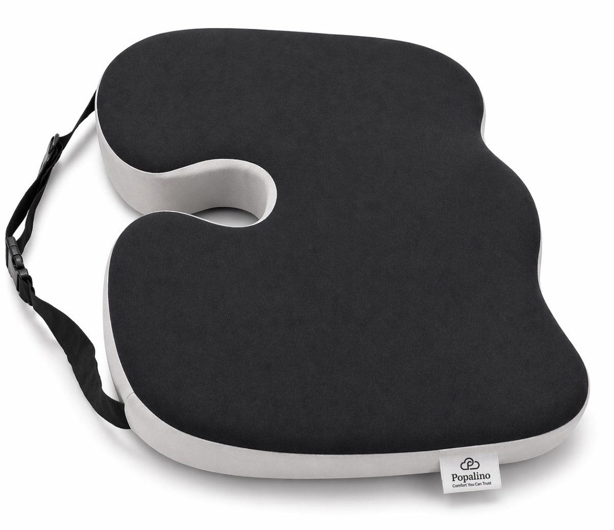 Popalino® Zitkussen - ergonomisch met Bevestigingsband - stuitkussen - wigkussen - ergonomisch zitkussen - ringkussen - traagschuim - stuitje