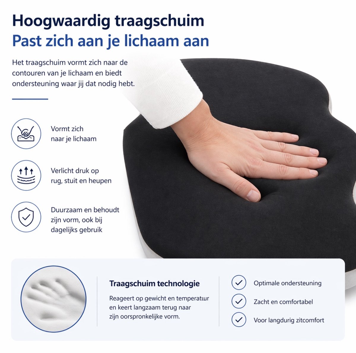 Popalino® Zitkussen - ergonomisch met Bevestigingsband - stuitkussen - wigkussen - ergonomisch zitkussen - ringkussen - traagschuim - stuitje