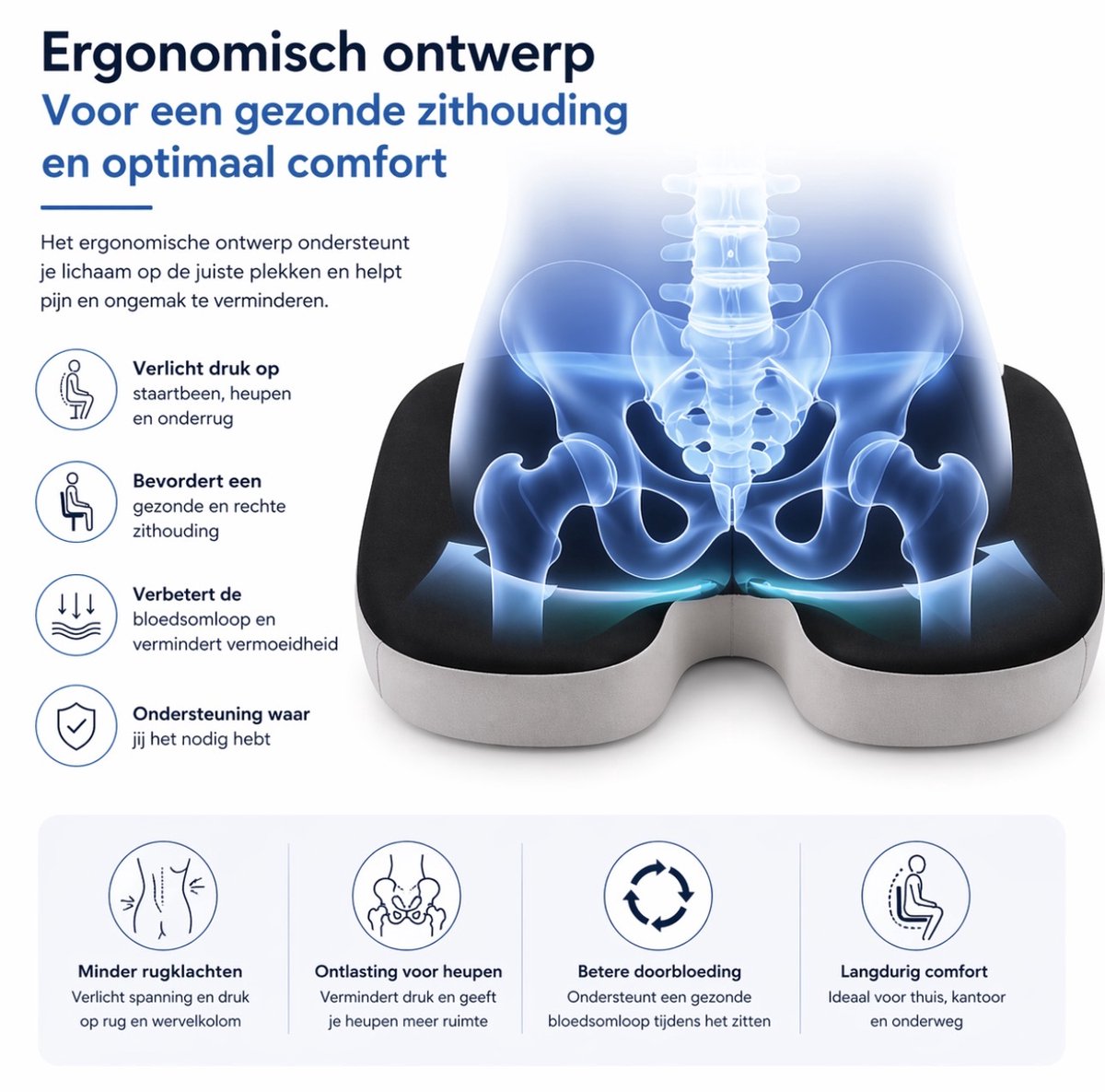 Popalino® Zitkussen - ergonomisch met Bevestigingsband - stuitkussen - wigkussen - ergonomisch zitkussen - ringkussen - traagschuim - stuitje