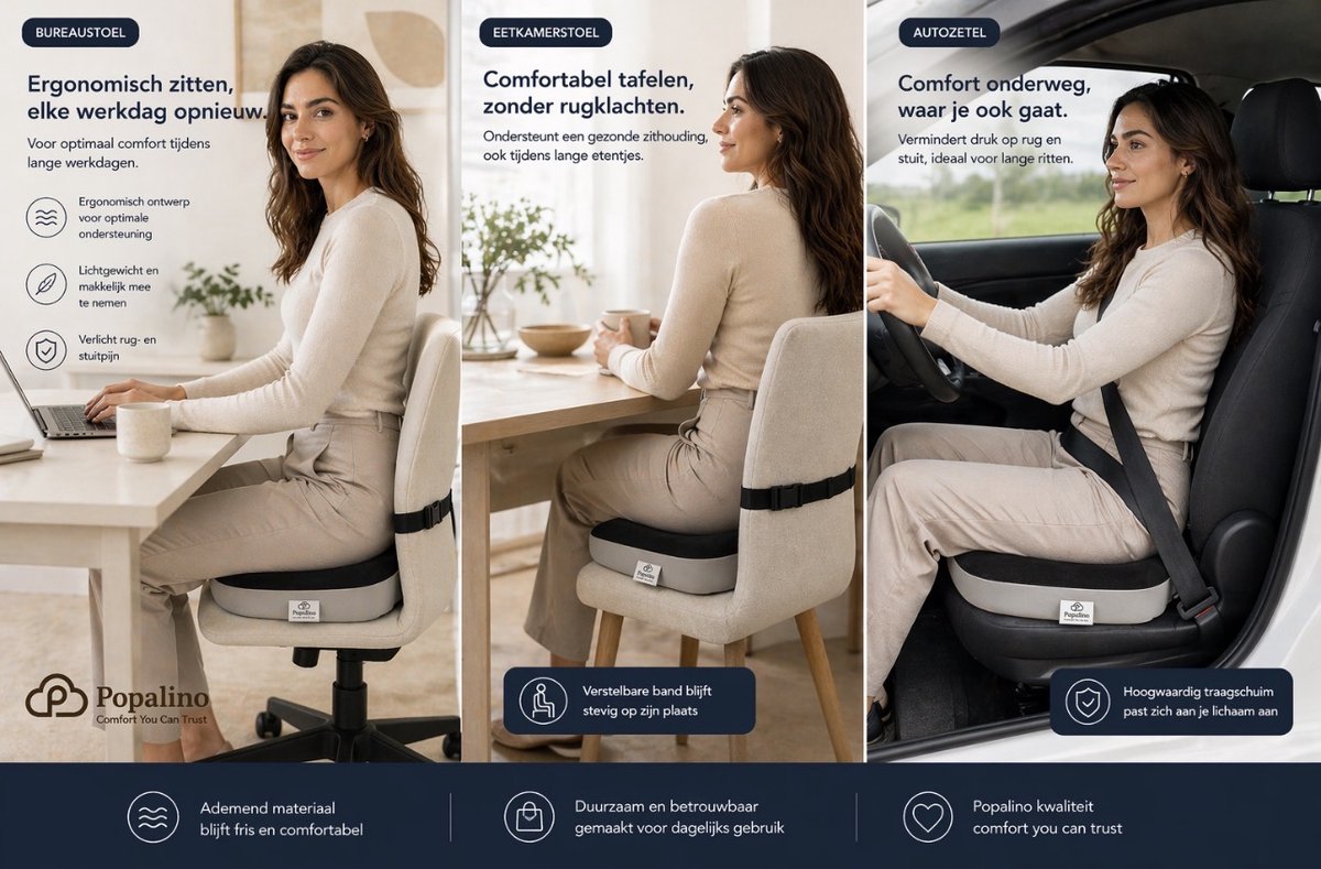 Popalino® Zitkussen - ergonomisch met Bevestigingsband - stuitkussen - wigkussen - ergonomisch zitkussen - ringkussen - traagschuim - stuitje